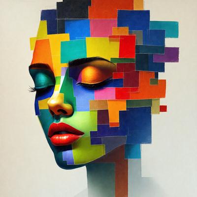 The primary subject of the image is a woman's face, which is the main focus of the image. The setting is a colorful background, which adds to the overall visual style. The colors and mood of the image are vibrant and lively, with a mix of different colors and patterns. The woman's face is depicted in a digital art or illustration style, giving the image a unique and creative appearance.